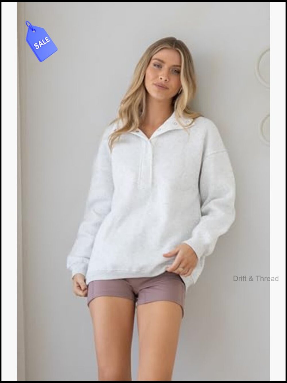 Oversized Mock Neck Pullover Sweatshirt Long Sleeve Quarter Button Casual Top - Picture 2 of 7